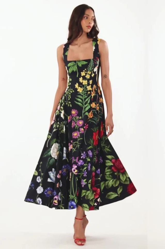 Printed Tie-Back Cotton-Blend Midi Dress | Dress In Beauty