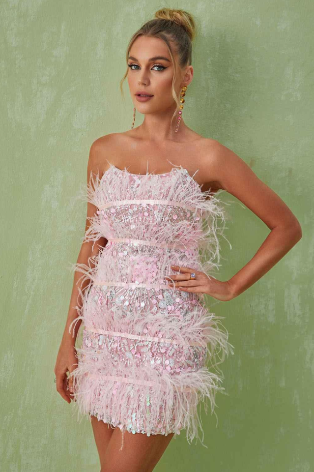 Senara Strapless Sequin Feather Mini Dress | Dress In Beauty