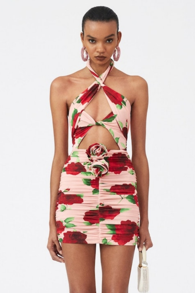 Cutout Ruched Floral Jersey Mini Dress | Dress In Beauty