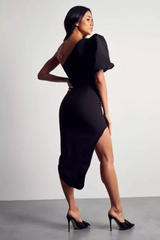 Black Puff Sleeve Asymmetric Midi Dress | Dress In Beauty