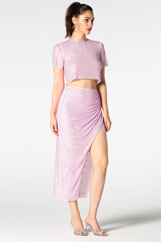 Pink Rhinestone Wrap Midi Skirt Set | Dress In Beauty