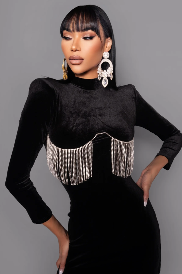 Black Crystal Fringe Velvet Mini Dress | Dress In Beauty