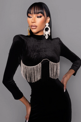 Black Crystal Fringe Velvet Mini Dress | Dress In Beauty