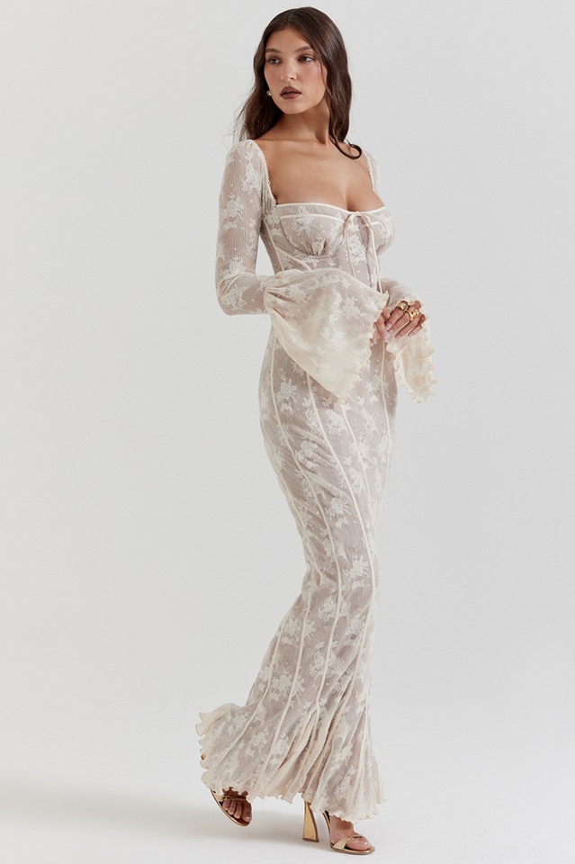 House of CB Delilah Floral Long Sleeve Lace Maxi Dress in Vintage Cream at Nordstrom Size Medium D