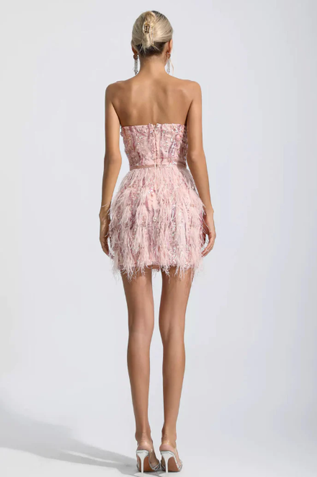 Lalia Pink Sequin Feather Mini Dress | Dress In Beauty