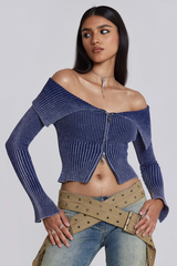 Tribeca Blue Ribbed Off The Shoulder Knit | Dress In Beauty