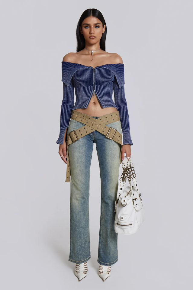 Tribeca Blue Ribbed Off The Shoulder Knit | Dress In Beauty
