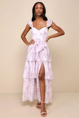 Lilac Floral Ruffled Tiered Bustier Midi Dress | Dress In Beauty