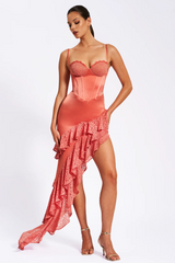 Zaira Coral Lace Satin Corset Dress | Dress In Beauty