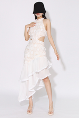 Embroidered 3D Flower Asymmetrical Dress