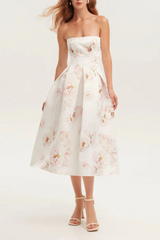 Strapless Floral Corset A Line Midi Dress
