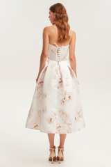 Strapless Floral Corset A Line Midi Dress