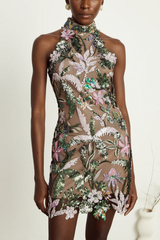 Tropical Floral Embroidered Mini Dress