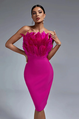 Parry Feather Strapless Midi Bandage Dress