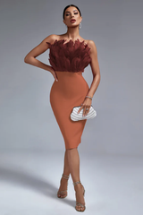 Parry Feather Strapless Midi Bandage Dress
