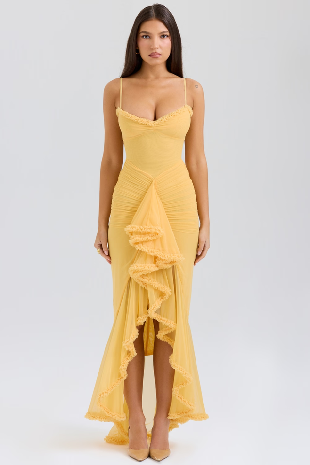 Apricot Ruffled Front Gown | Dress In Beauty