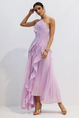 Nina Asymmetry Pleated Halterneck Midi Dress