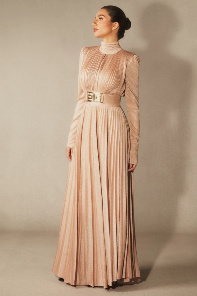 Elsie Metallic Pleated Belted Maxi Dress | Dress In Beauty