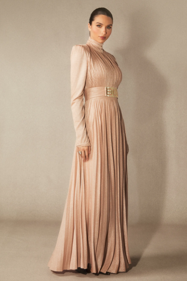 Elsie Metallic Pleated Belted Maxi Dress | Dress In Beauty
