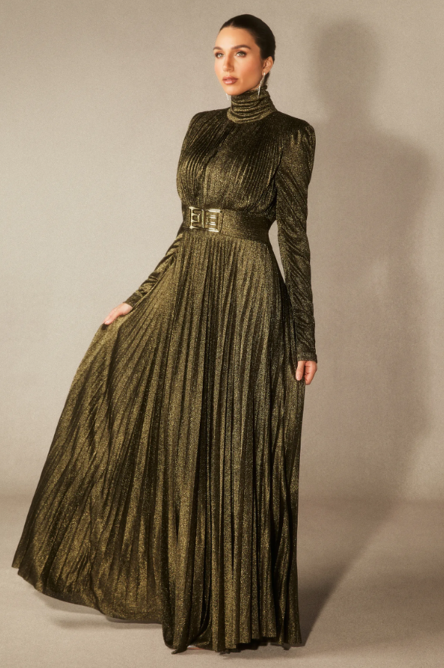 Elsie Metallic Pleated Belted Maxi Dress | Dress In Beauty
