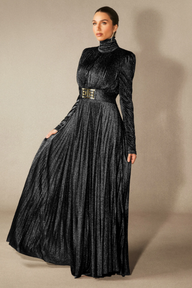 Elsie Metallic Pleated Belted Maxi Dress | Dress In Beauty
