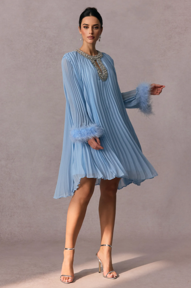 Gabrielle Diamante Feathered Pleated Mini Dress | Dress In Beauty