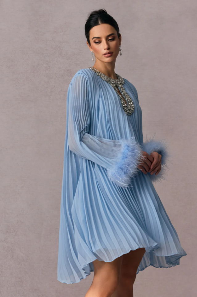 Gabrielle Diamante Feathered Pleated Mini Dress | Dress In Beauty