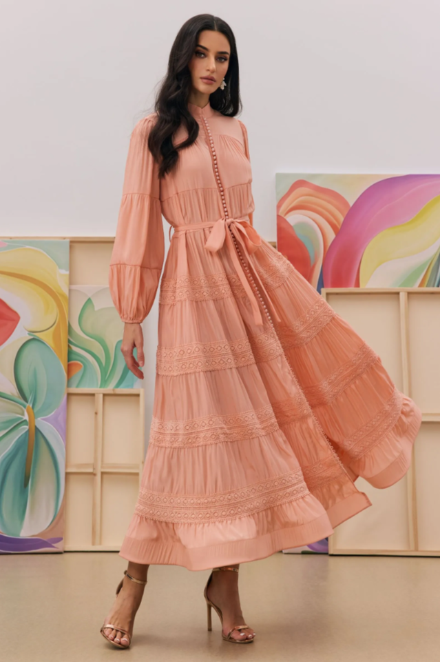 Sabina Stand Collar Lace Trim Maxi Dress | Dress In Beauty