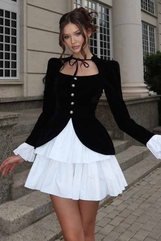 Eveline Velvet Tiered Mini Dress | Dress In Beauty