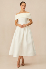 Vivian Off Shoulder Flare Satin Midi Dress