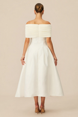 Vivian Off Shoulder Flare Satin Midi Dress