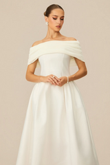 Vivian Off Shoulder Flare Satin Midi Dress