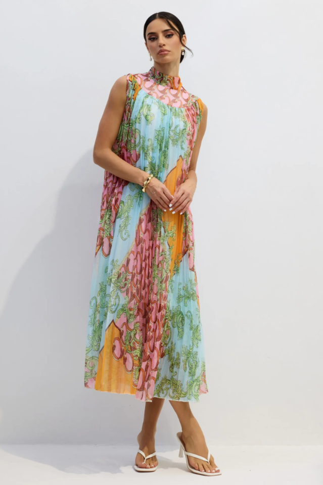 Martha Print Sleeveless Pleated Midi Dress | Dress In Beauty