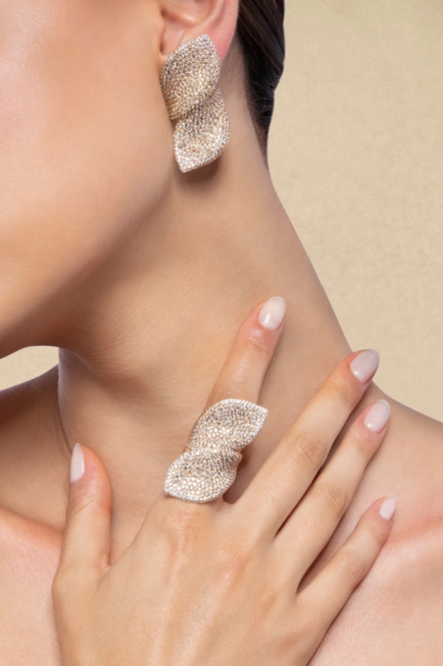Diamond Leaf Shape Earrings & Ring Set | Dress In Beauty