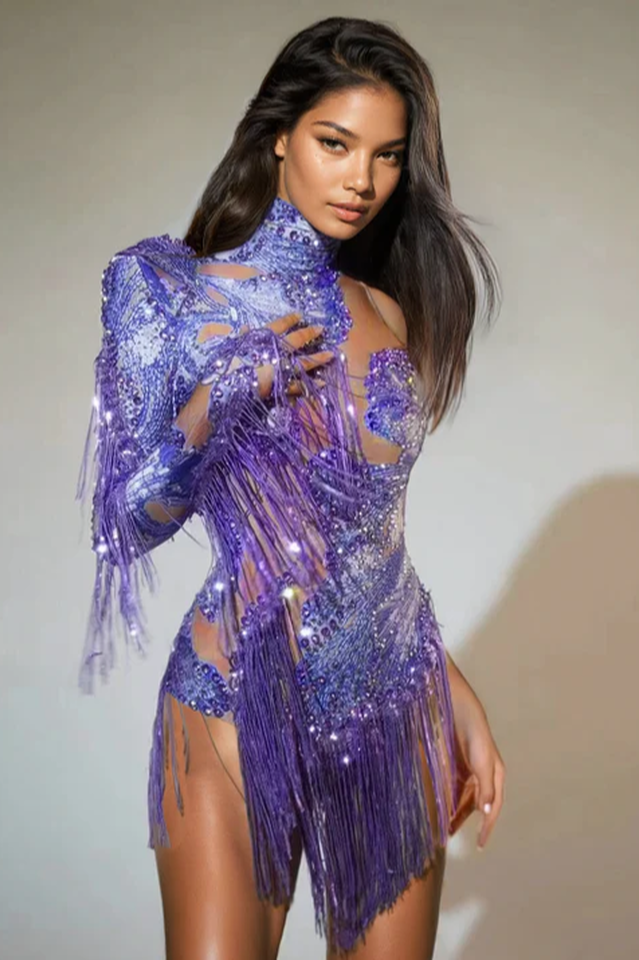 Shatora One Shoulder Rhinestone Fringe Bodysuit | Dress In Beauty