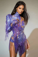Shatora One Shoulder Rhinestone Fringe Bodysuit | Dress In Beauty