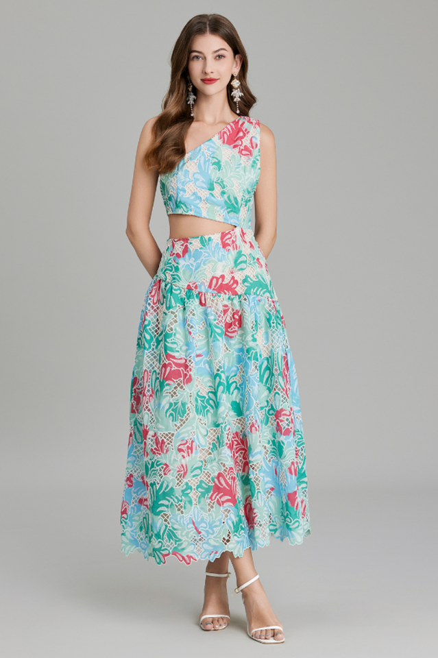 Botanical Print One Shoulder Frill Midi Dress | Dress In Beauty