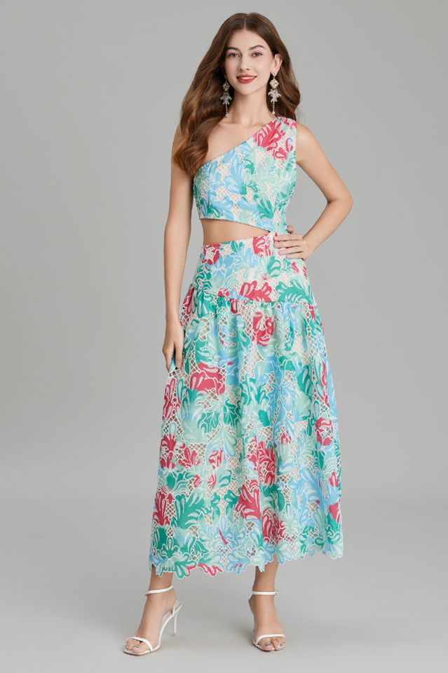 Botanical Print One Shoulder Frill Midi Dress | Dress In Beauty