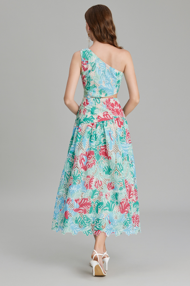 Botanical Print One Shoulder Frill Midi Dress | Dress In Beauty