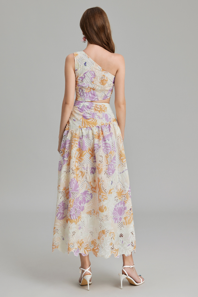 Botanical Print One Shoulder Frill Midi Dress | Dress In Beauty