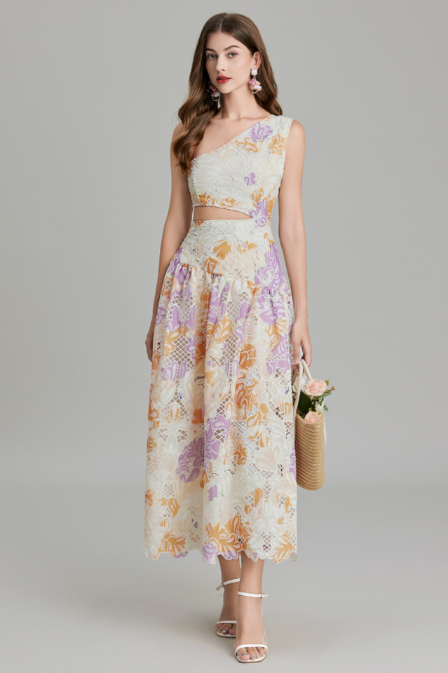 Botanical Print One Shoulder Frill Midi Dress | Dress In Beauty