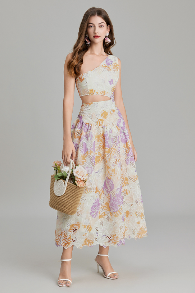 Botanical Print One Shoulder Frill Midi Dress | Dress In Beauty