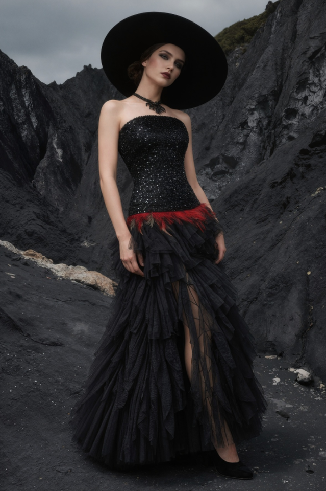 Strapless Sequin Feather Cascading Evening Dress | Dress In Beauty