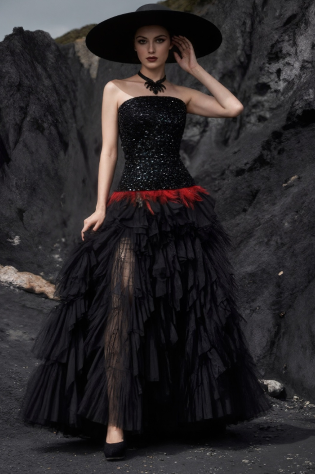 Strapless Sequin Feather Cascading Evening Dress | Dress In Beauty