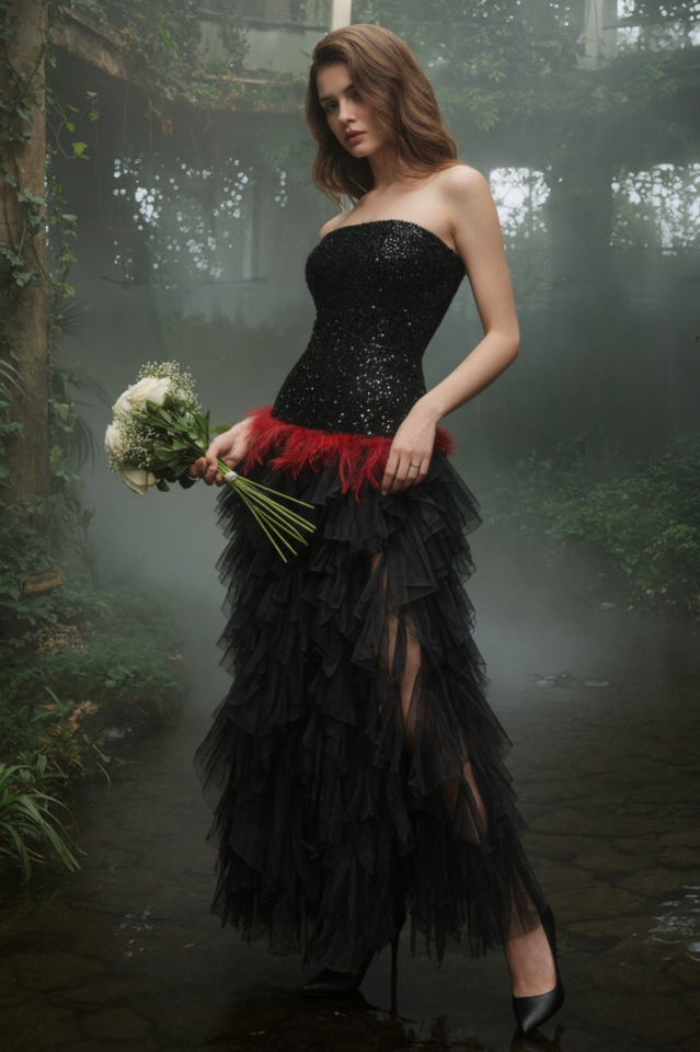 Strapless Sequin Feather Cascading Evening Dress | Dress In Beauty