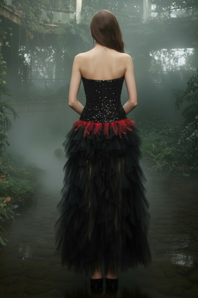 Strapless Sequin Feather Cascading Evening Dress | Dress In Beauty