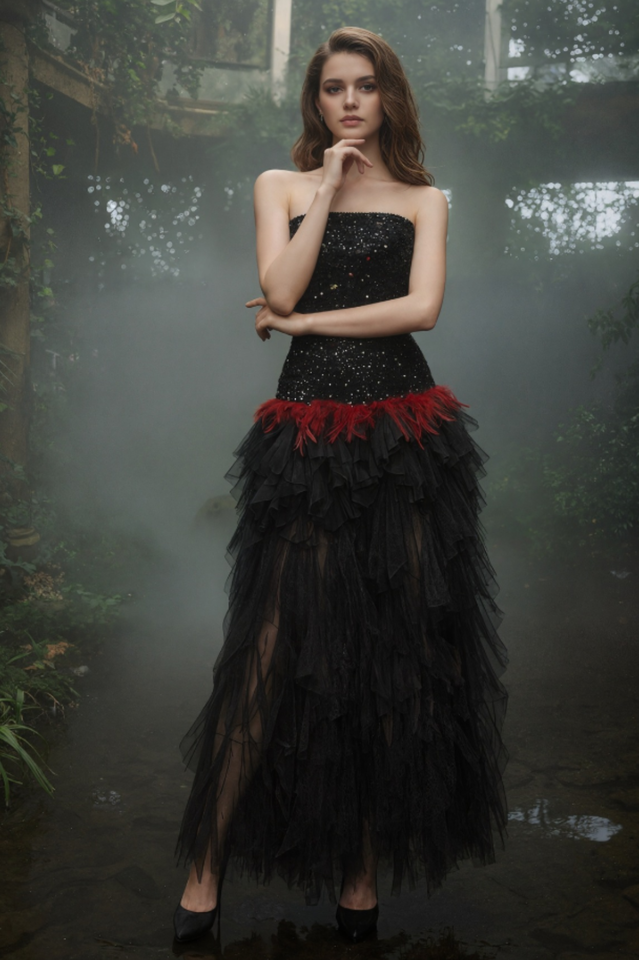 Strapless Sequin Feather Cascading Evening Dress | Dress In Beauty