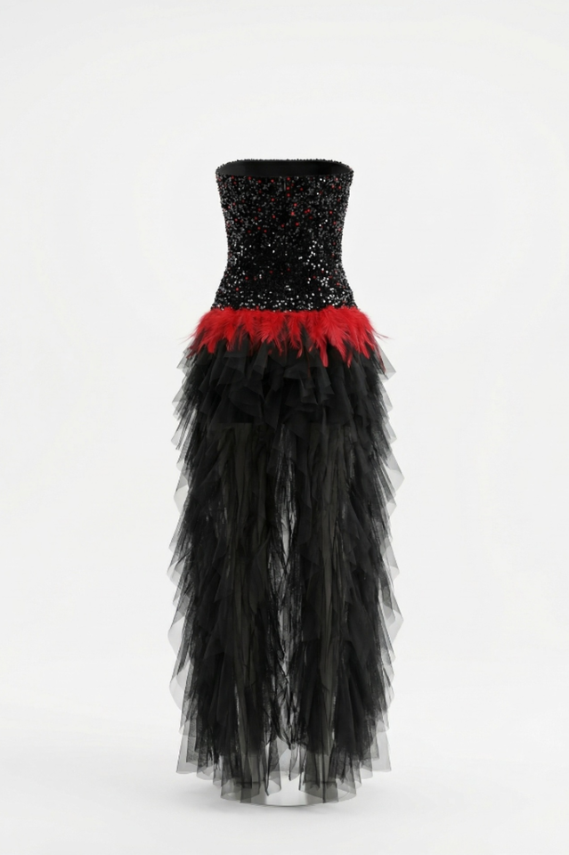 Strapless Sequin Feather Cascading Evening Dress | Dress In Beauty