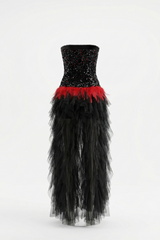 Strapless Sequin Feather Cascading Evening Dress | Dress In Beauty