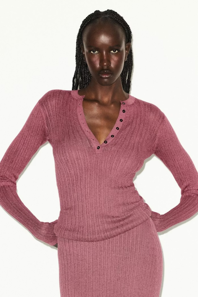 SKIMS Sheer Knit Long Sleeve Henley | Dress In Beauty